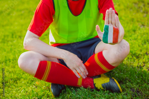 Poster Football Euro cup 2016. Man showing painted Italy flag, hands c