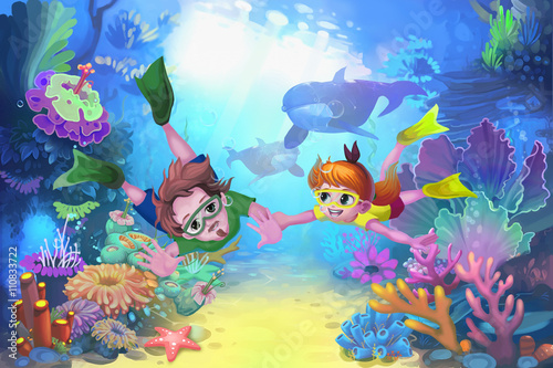 Creative Illustration and Innovative Art: Happy Father's Day in the Sea. Realistic Fantastic Cartoon Style Character, Story, Card Design