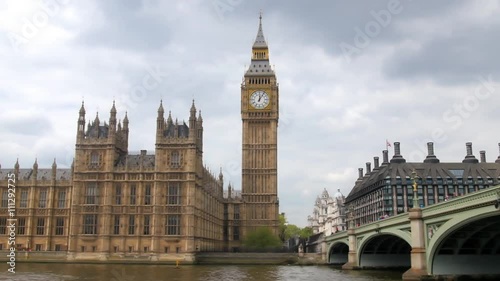 Dolly view of the House of Parliament and the Big Ben by Westminster bridge in London
