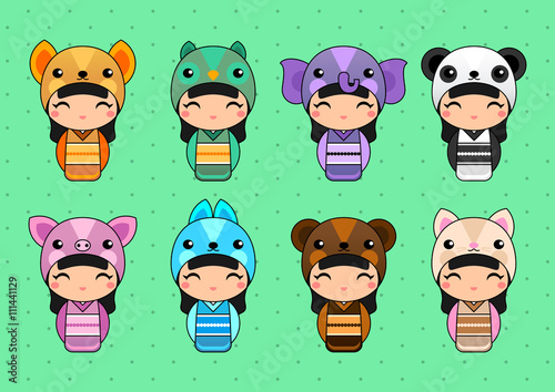 Set of cute Japanese Kokeshi Dolls in animal costumes. Kids background. Fox, owl, elephant, panda, pig, bunny, bear, cat costumes.