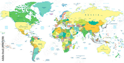 Fototapeta Detailed Political World map isolated on white