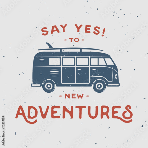 Zdjęcia Vintage retro poster with hippie van, surfboard and travel quote
