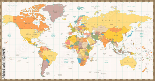  Old retro color political World map