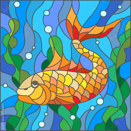 illustration-in-stained-glass-style-with-gold-fish-on-the-background-of-water-and-algae