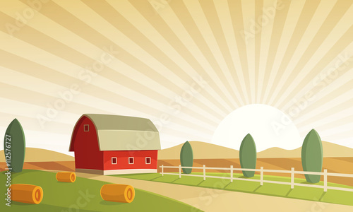 red farm barn at sunset countryside landscape cartoon vector
