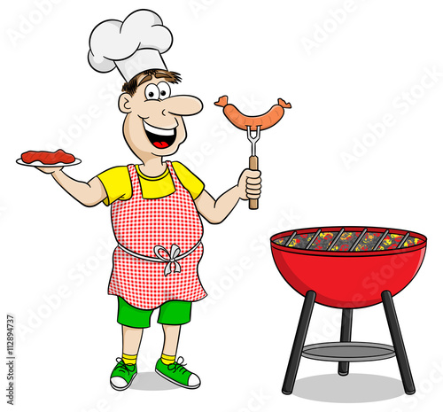 GamesAgeddon Mann beim Grillen mit Schürze und Steak