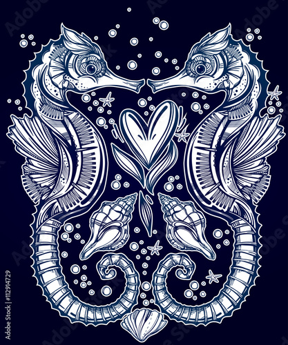  Vector seahorse with heart line art.