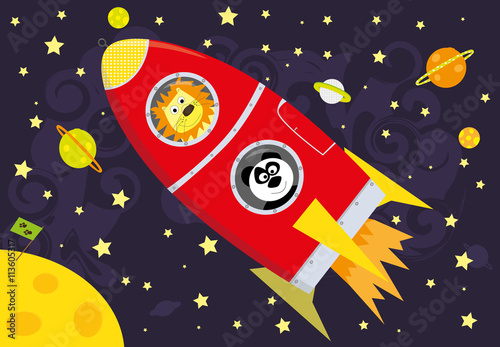 cohete-rojo-y-animales-cosmos-y-planetas-en-el-fondo-ilustracion-vectorial-para-ninos