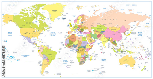 Fototapeta Colored political World Map isolated on white