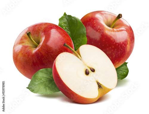 3 red apples half isolated on white background as package design element
