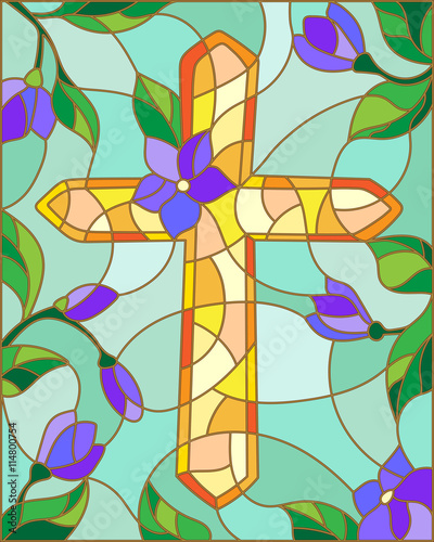 stained-glass-illustration-with-a-cross-in-the-sky-and-flowers