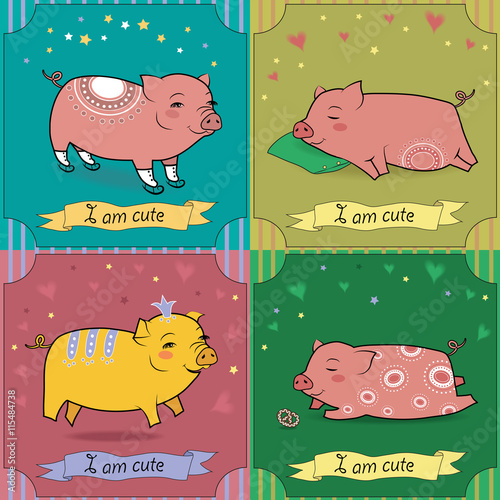 Set of cartoon pigs. Vintage greeting cards