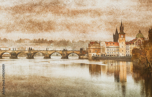  Charles Bridge in Prague (Karluv Most) the Czech Republic. Vintage effect.