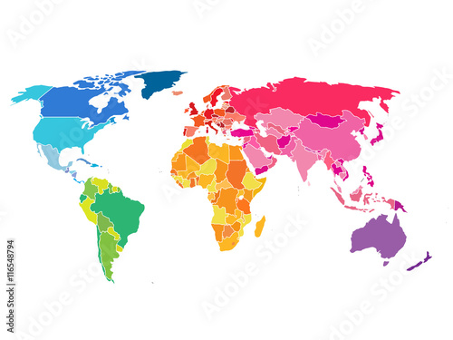 Poster Political World Map. Detailed World map of rainbow colors.