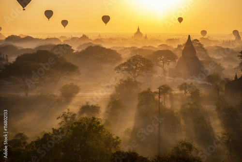 Poster beautiful silhouette landscape view of sunrise morning and hot a