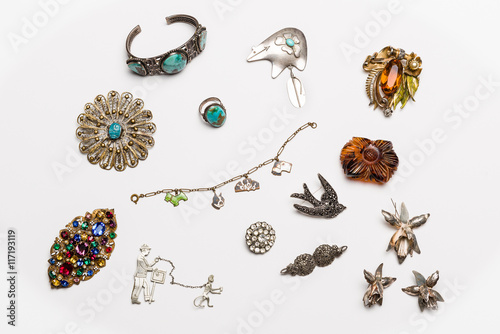 Stampa su Tela Vintage antique jewelry collection isolated on a light background
