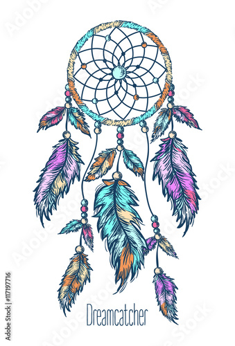  Dreamcatcher, feathers. Hand drawn vector illustration. 