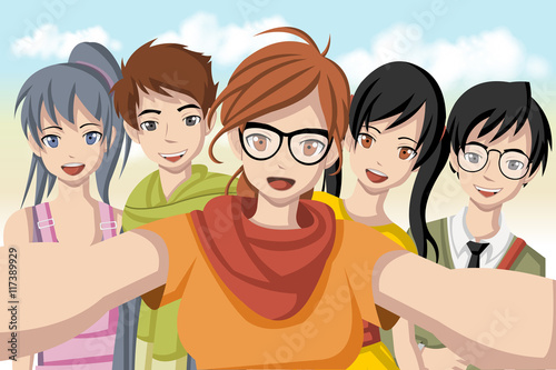 grupa-kreskowek-mlodzi-ludzie-bierze-telfie-fotografie-obraz-nastolatkow-anime-manga