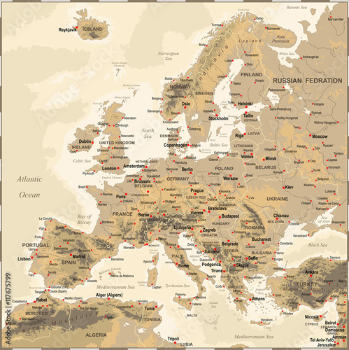Obraz Fotograficzny Europe - Vintage Physical Map