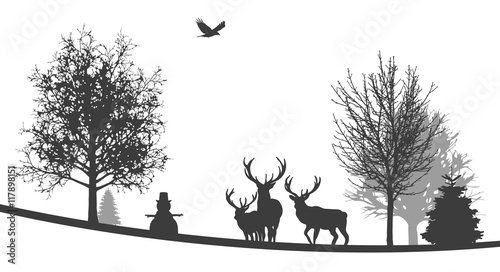  Winterliche Landschaft | Hirsche stehen neben Schneemann im Wald