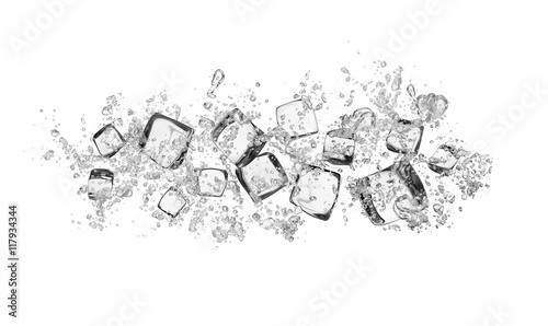 Lacobel ice cubes with water splashes on white background