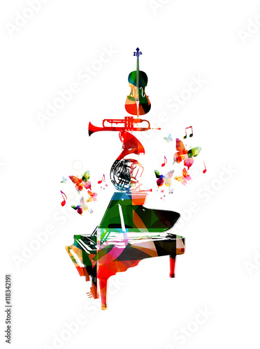 vektor-illustration-fur-musik-inspiriert-kombiniert-bunte-musikinstrumente-klavier-waldhorn-trompete