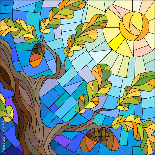 illustration-in-stained-glass-style-with-oak-leaves-on-background-sky-and-sun