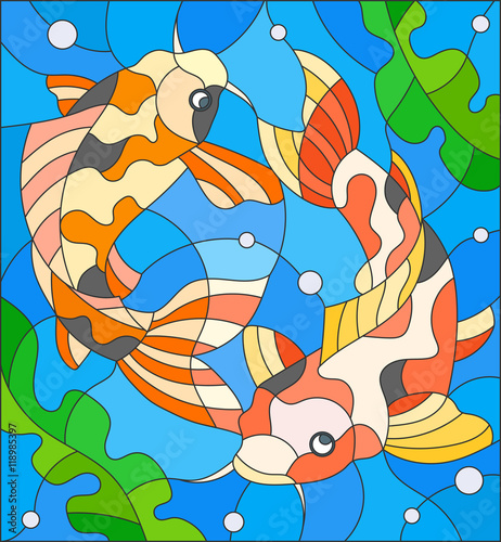 illustration-in-stained-glass-style-with-a-pair-of-carps-on-the-background-of-water-and-algae