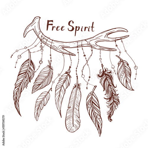  Beautiful hand drawn doodle illustration with tribal arrows and feathers. American indian motifs. 