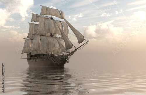 3D Illustration Sailboat On The Sea