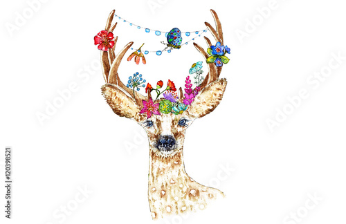 Fototapeta Illustration of roe deer with flowers
