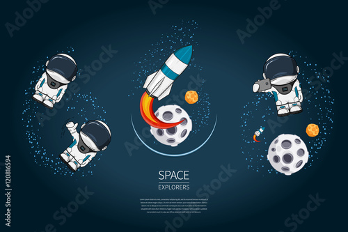 Set of Modern design vector illustration with rocket Launch, astronaut, planet. universe exploration and new technology. Template for poster.