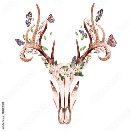 Fototapeta Beautiful Watercolor hand drawn floral with deer, butterfly and leaves. Illustration