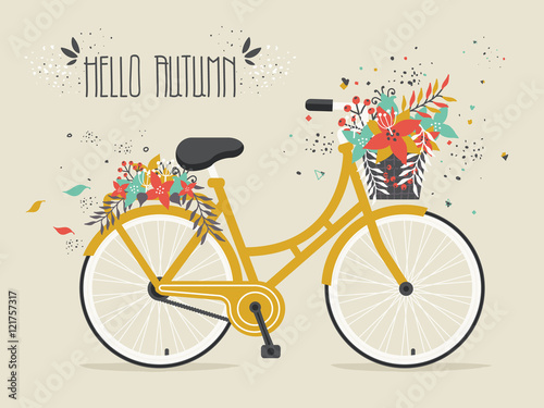 Plakat foto Hello Autumn. Golden Bicycle with Decorative Hand Drawn Flowers and Leaves. 