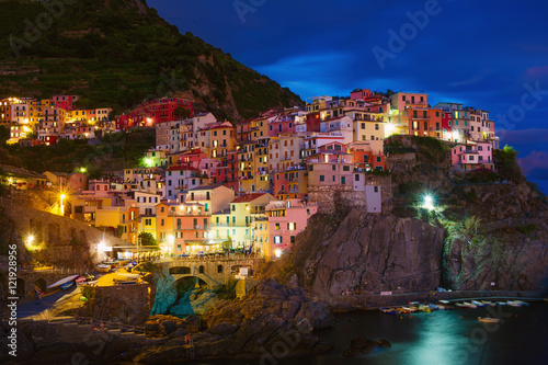 Poster Waterfront cliff town of Manarola at night, Cinque Terre, Liguria, Italy