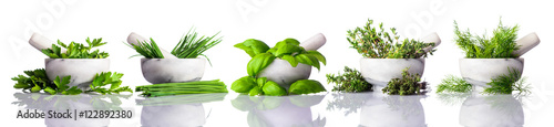 Pestle and Mortar with Green Herbs on White Background