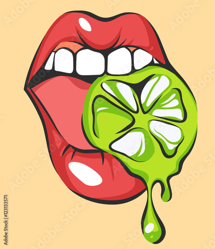 Sexy lips with juicy lime. Pop art mouth biting citrus. Close up view of cartoon girl eating fruit. Vector illustration