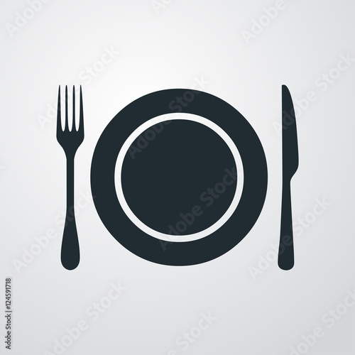 Icono plano plato y cubiertos sobre fondo degradado gris © teracreonte