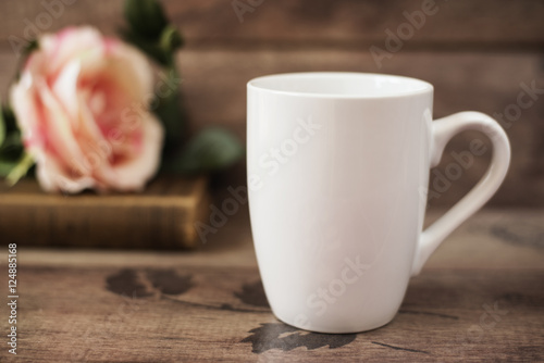 Mug Mockup. Coffee Cup Template. Coffee Mug Printing Design Template. White Mug Mockup, Old Book and Flower, Wooden Background. Blank Mug. Mockup Styled Stock Product Image