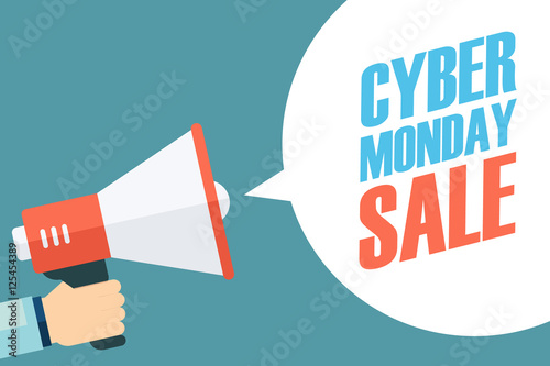 Male hand holding megaphone with Cyber Monday Sale speech bubble. Banner for business, promotion and advertising. Vector illustration.