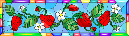 ilustracja-w-stylu-witrazu-z-kwiatow-jagod-i-lisci-truskawki-w-jasnej-ramie