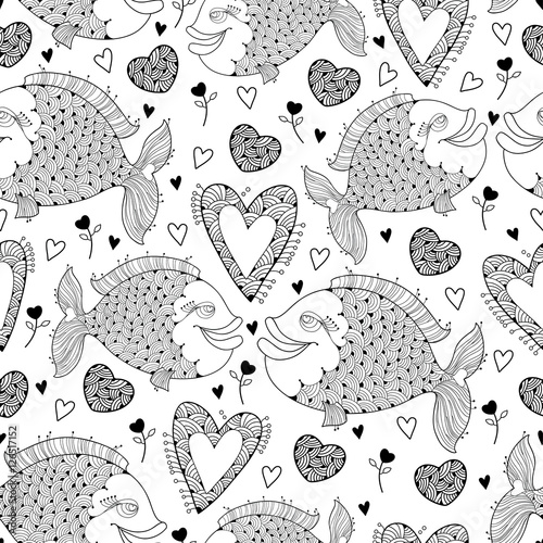 Cotton Fabric Vector Seamless Pattern With Fish And Ornate Heart On The White Design Elements