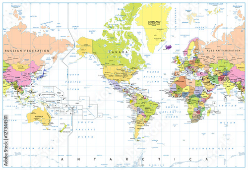 Fototapeta America Centered Political World Map isolated on white