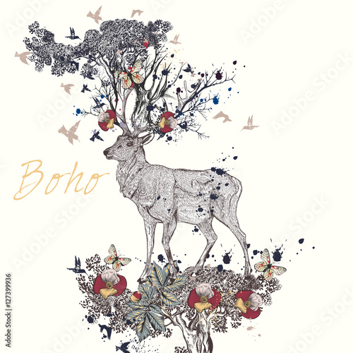 Fototapeta Illustration with hand drawn deer, flowers in it horns, butterfl