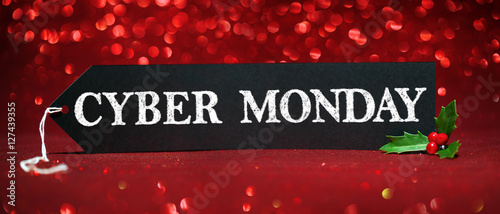 Cyber Monday sale tag on red glitter background