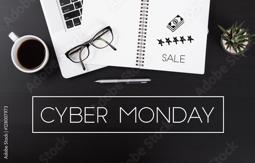 Modern Office desk with Cyber Monday message homepage on the table business sale offer special concept.