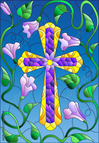 stained-glass-illustration-with-a-cross-in-the-sky-and-flowers