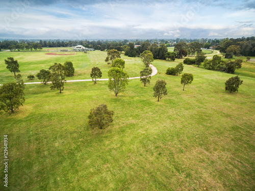 Poster Aerial view of Trees and sports grounds at Bcentennial Park in Chelsea, Melbourn