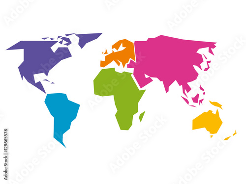 Poster Simplified world map divided to six continents - South America, North America, Africa, Europe, Asia and Australia - in different colors