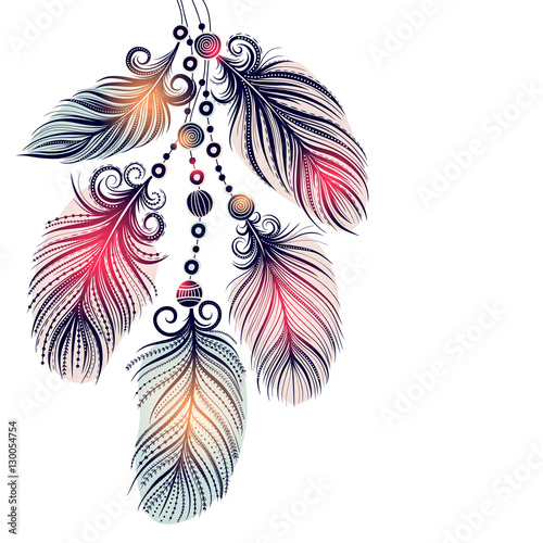 Template greeting card or invitation with feathers